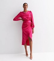 New Look Bright Pink Jacquard Satin Long Puff Sleeve Tie Side Midi Dress